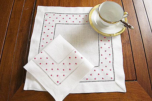 Square Linen Napkin. Fuchsia Pink Swiss Polka Dots.Hemstitch.14" - Click Image to Close